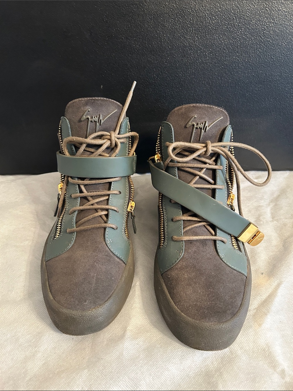 Giuseppe Zanotti Brown and Olive High-Top Sneakers with Gold Hardware
